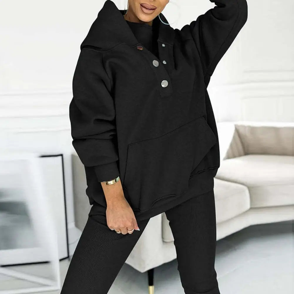 Women’s Button-Neck Hoodie and Leggings Set – Relaxed Two-Piece Casual Outfit