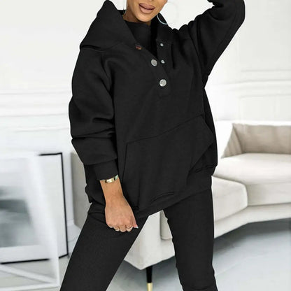 Women’s Button-Neck Hoodie and Leggings Set – Relaxed Two-Piece Casual Outfit