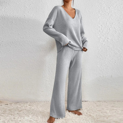 Women’s Ribbed Knit Trouser Co-Ord Set – Relaxed V-Neck Sweater with Wide-Leg Trousers for Autumn and Winter Wear