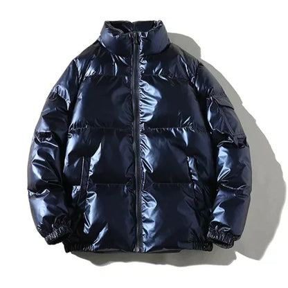 Men’s Metallic Hooded Puffer Jacket – Windproof Waterproof Winter Layer for Outdoor Cold-Weather Wear
