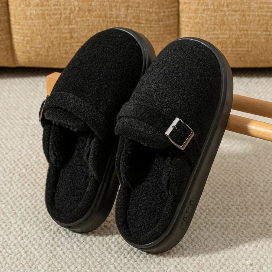 Women’s Plush Indoor Slippers – Buckle-Strap House Shoes with Cushioned Non-Slip Sole