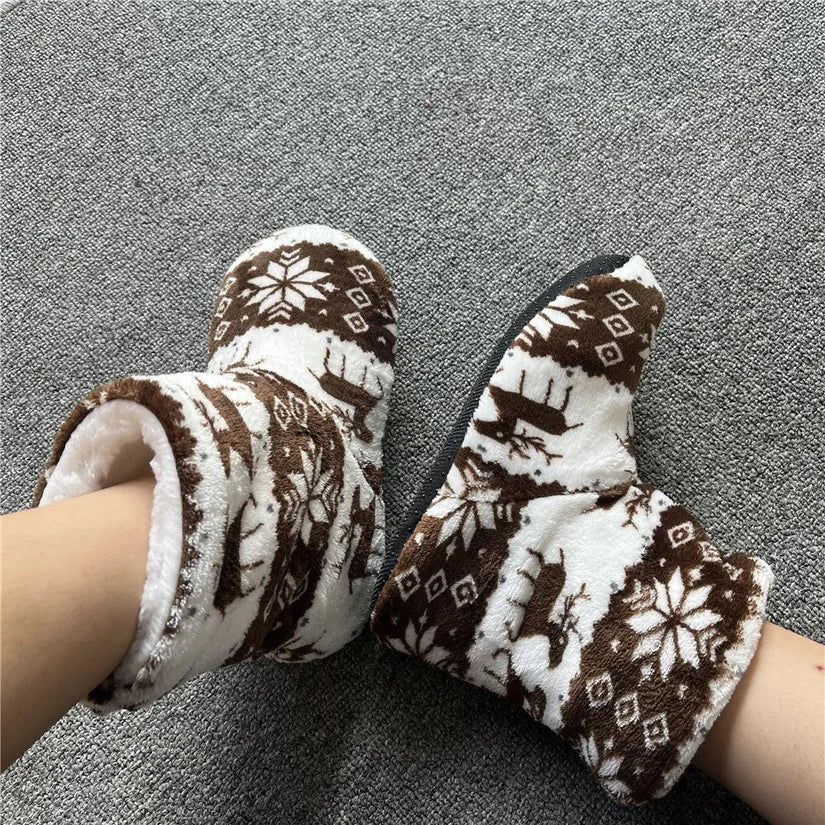 Women’s Festive Slipper Boots – Plush Winter House Shoes with Fold-Over Cuffs