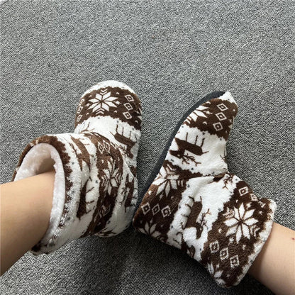 Women’s Festive Slipper Boots – Plush Winter House Shoes with Fold-Over Cuffs