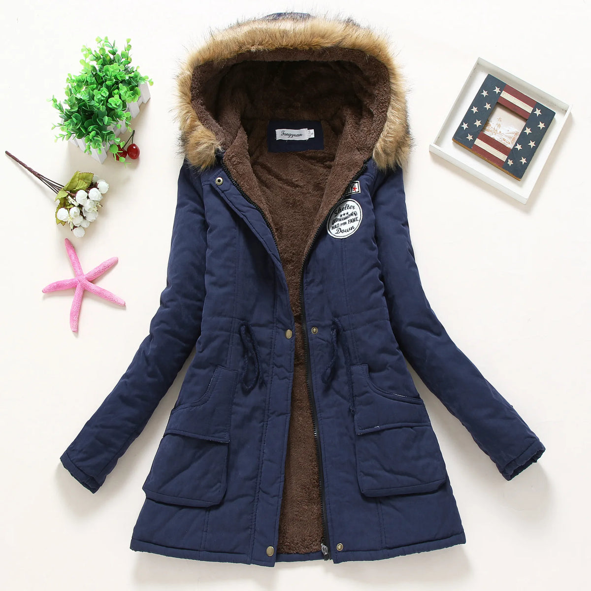 Women’s Faux-Fur Hooded Winter Parka – Fleece-Lined Drawstring Jacket for Warm Everyday Cold-Weather Wear