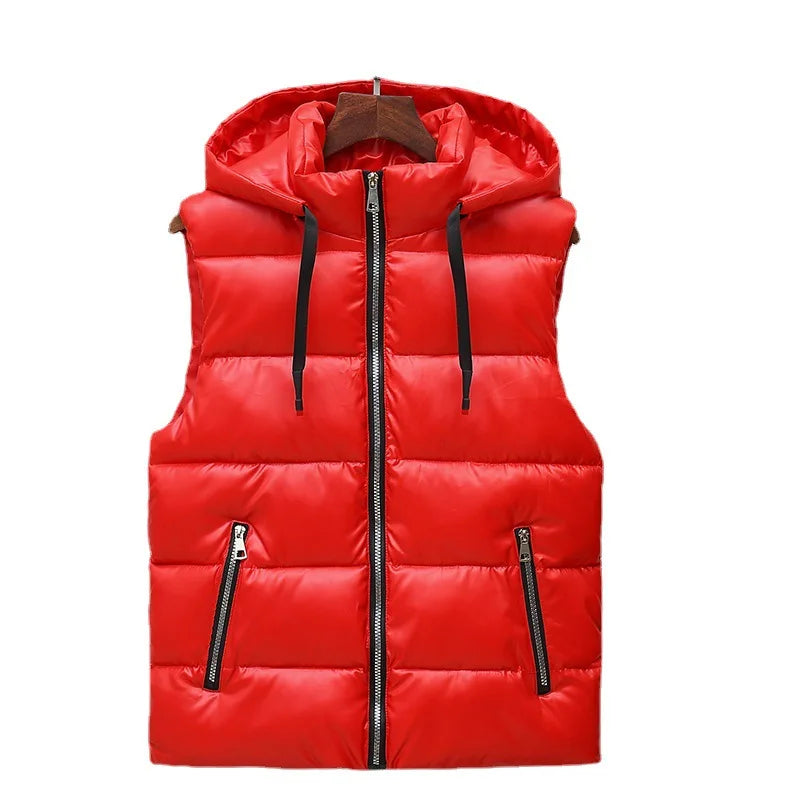 Men’s Hooded Puffer Winter Vest – Glossy Padded Sleeveless Zip-Up Gilet with Pockets