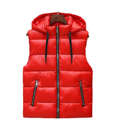 Men’s Hooded Puffer Winter Vest – Glossy Padded Sleeveless Zip-Up Gilet with Pockets