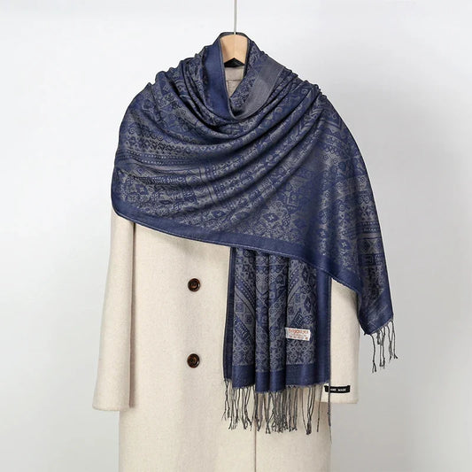 Women’s Soft Polyester Winter Scarf – Oversized Printed Tassel Wrap for Elegant Autumn and Winter Layering