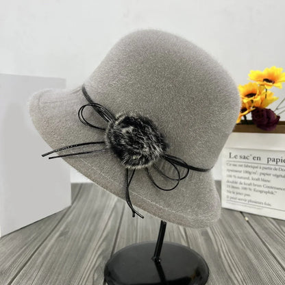 Women’s Wool-Blend Cloche Winter Hat – Vintage Dome Brim Cap with Floral Bow Detail