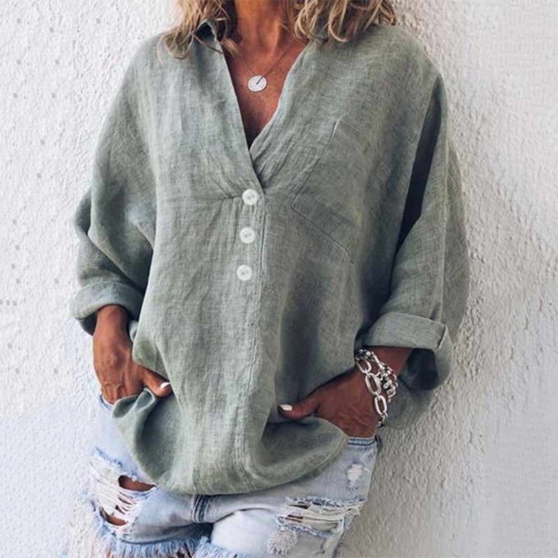 Women’s Relaxed Linen Blouse – Button-Front Batwing Style for Warm Everyday Wear