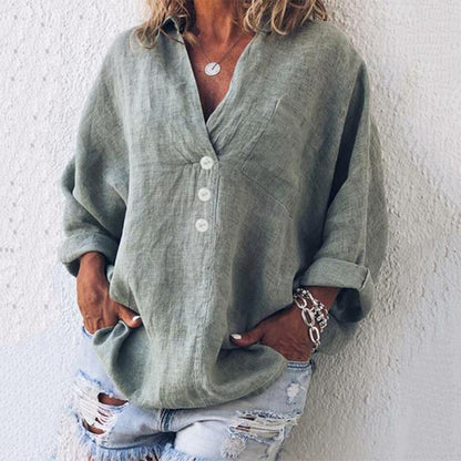 Women’s Relaxed Linen Blouse – Button-Front Batwing Style for Warm Everyday Wear