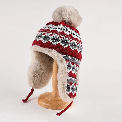 Women’s Fair Isle Trapper Hat – Plush-Lined Knit Winter Cap with Pom-Pom and Ear Flaps