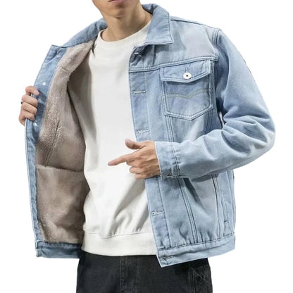 Men’s Fleece-Lined Denim Trucker Jacket – Warm Button-Front Layer with Relaxed Everyday Fit