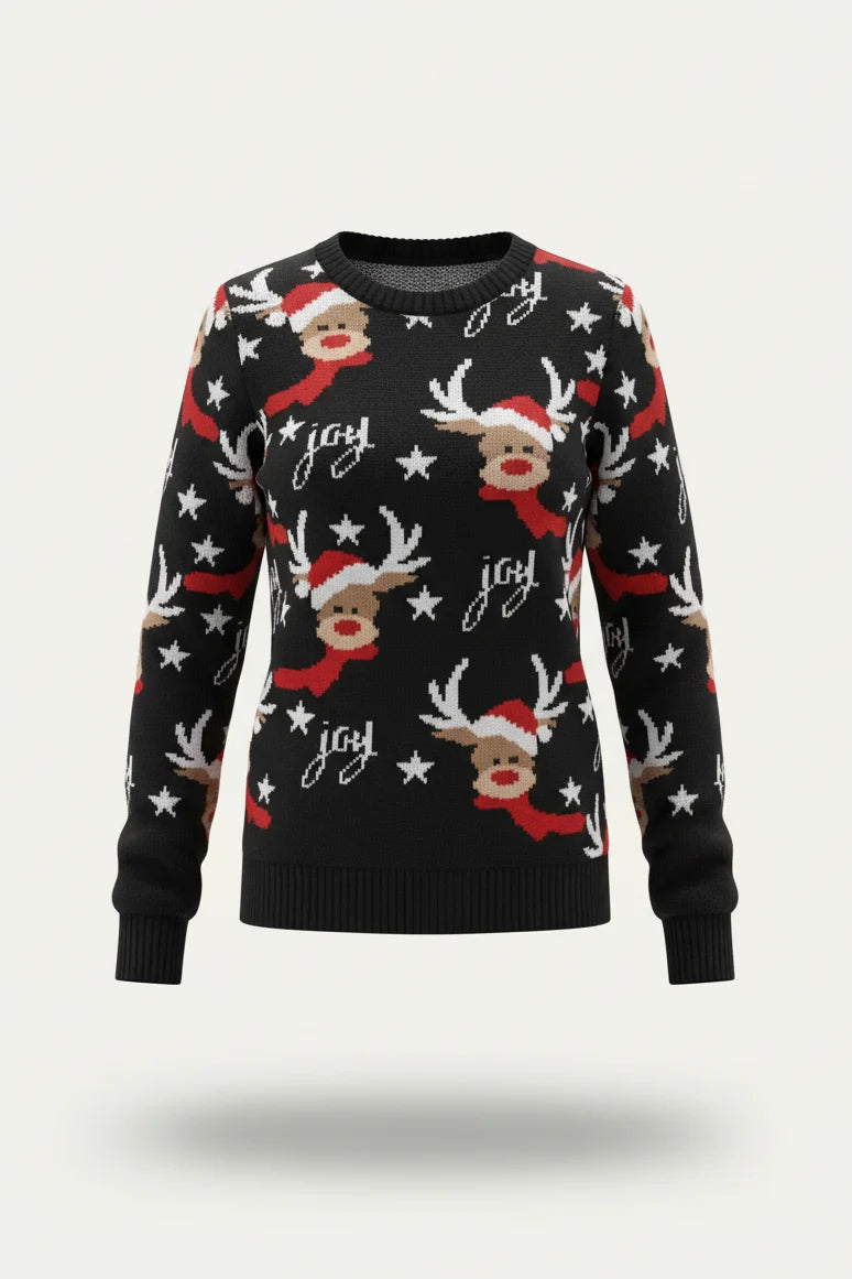 Women’s Holiday Pattern Sweater – Playful Crew Neck Knit for Christmas Events