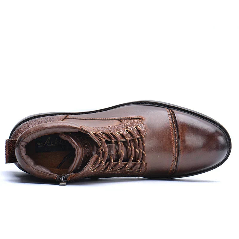 Men’s Leather Boots with Side Zipper and Laces – Durable Brown Work-Inspired Boots for Casual, Outdoor and Smart-Casual Wear