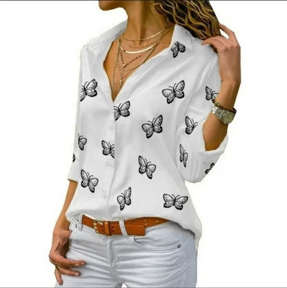 Women’s Butterfly-Print Button Shirt – Relaxed Three-Quarter Sleeve Style for Everyday Wear