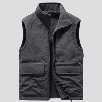 Men’s Reversible Fleece Vest – Multi-Pocket Sleeveless Winter Layer with High Stand Collar