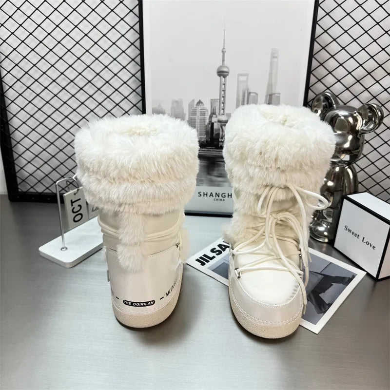 Women’s Water-Repellent Plush-Trim Snow Boots – Lace-Up Chunky-Sole Winter Boots