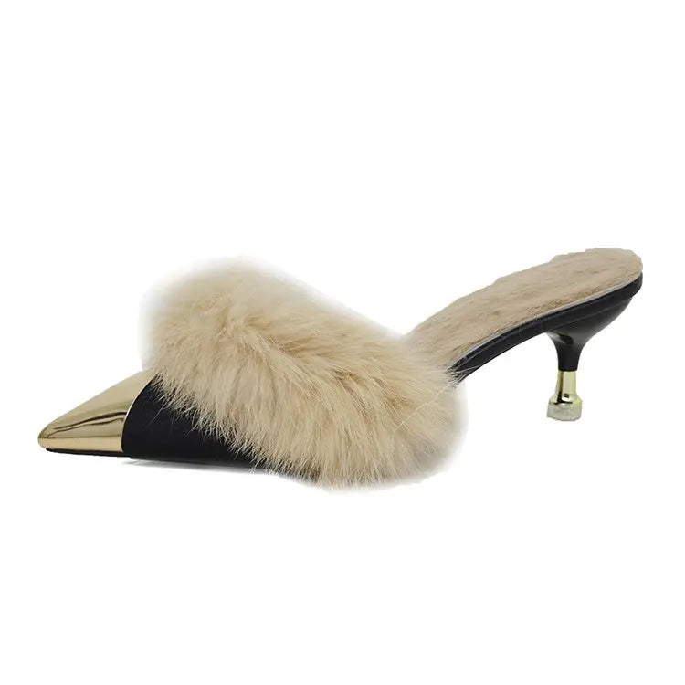 Women’s Faux-Fur Heeled Mules – Pointed-Toe Slip-On Shoes with Sculpted Kitten Heels