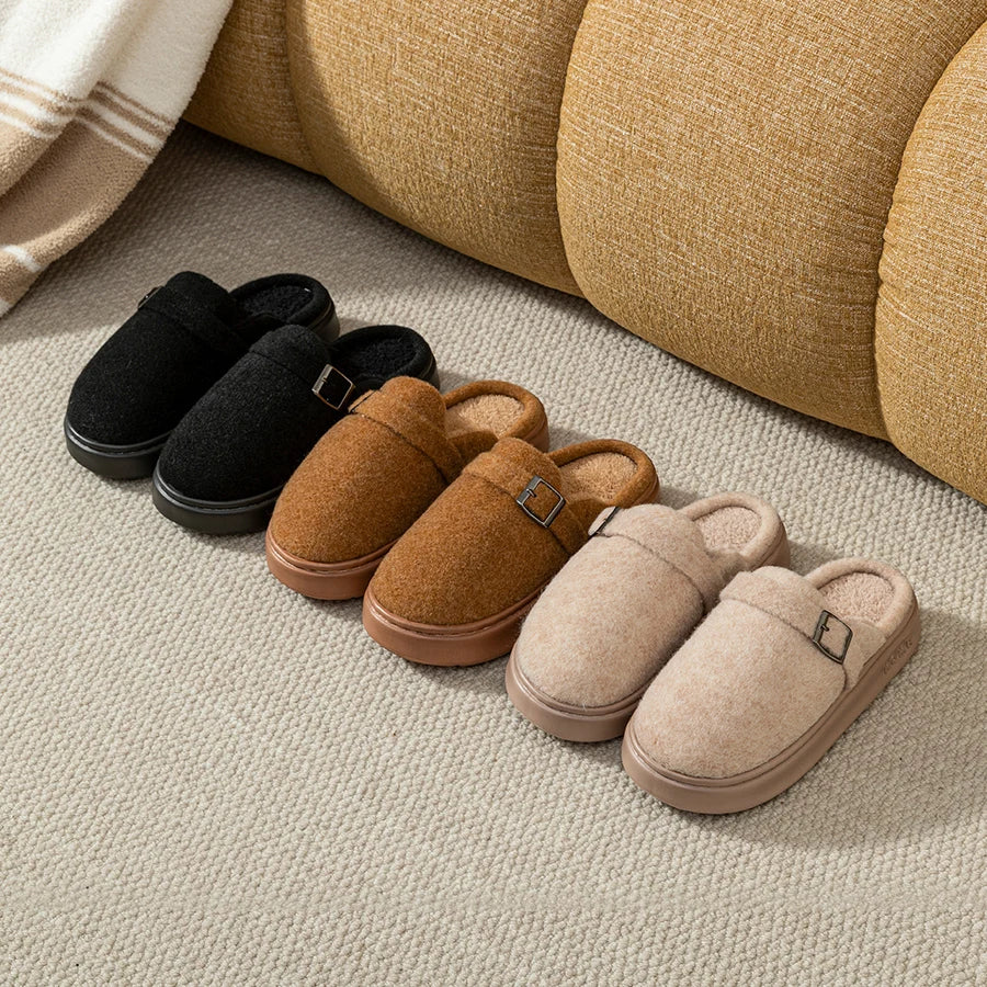 Men’s Buckle Clog Slippers – Warm Fleece-Lined House Shoes with Thick Cushioned Sole