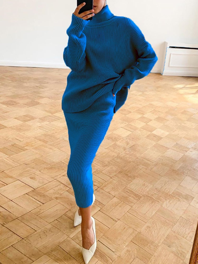 Women’s Turtleneck Knit Skirt Set – Relaxed Long-Sleeve Jumper with Slim Midi Skirt for Autumn Wear