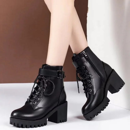 Women’s Lace-Up Platform Ankle Boots – Chunky Block Heel Side-Zip Winter Boots