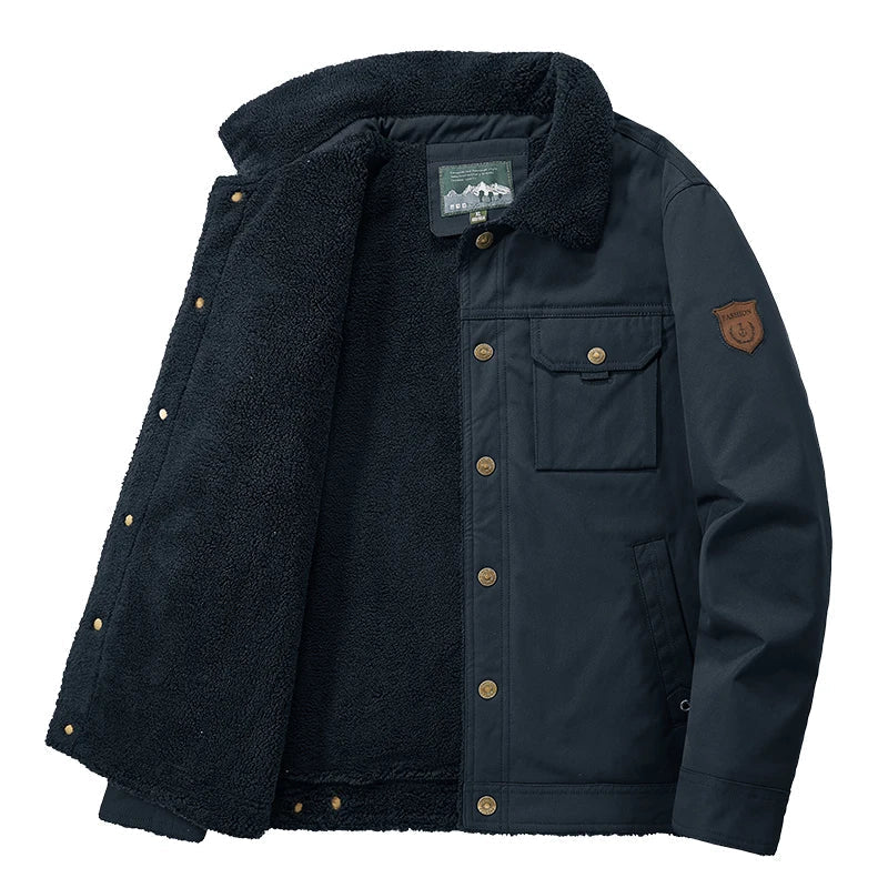 Men’s Sherpa-Lined Utility Jacket – Warm Button-Front Coat with Multi-Pocket Design