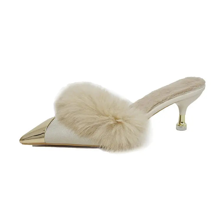 Women’s Faux-Fur Heeled Mules – Pointed-Toe Slip-On Shoes with Sculpted Kitten Heels
