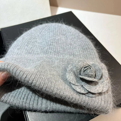 Women’s Rabbit-Fur Knit Winter Beanie – Soft Ribbed Warm Hat with Camellia Flower Detail