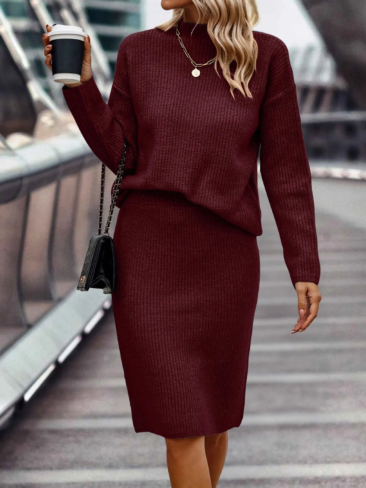 Women’s Knitted Set – Stand-Collar Jumper with Midi Skirt