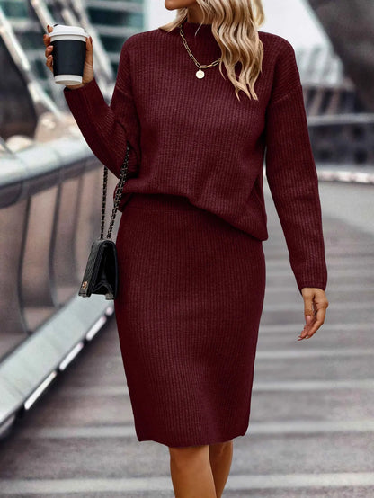 Women’s Knitted Set – Stand-Collar Jumper with Midi Skirt