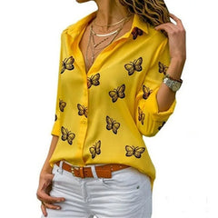 Women’s Butterfly-Print Button Shirt – Relaxed Three-Quarter Sleeve Style for Everyday Wear
