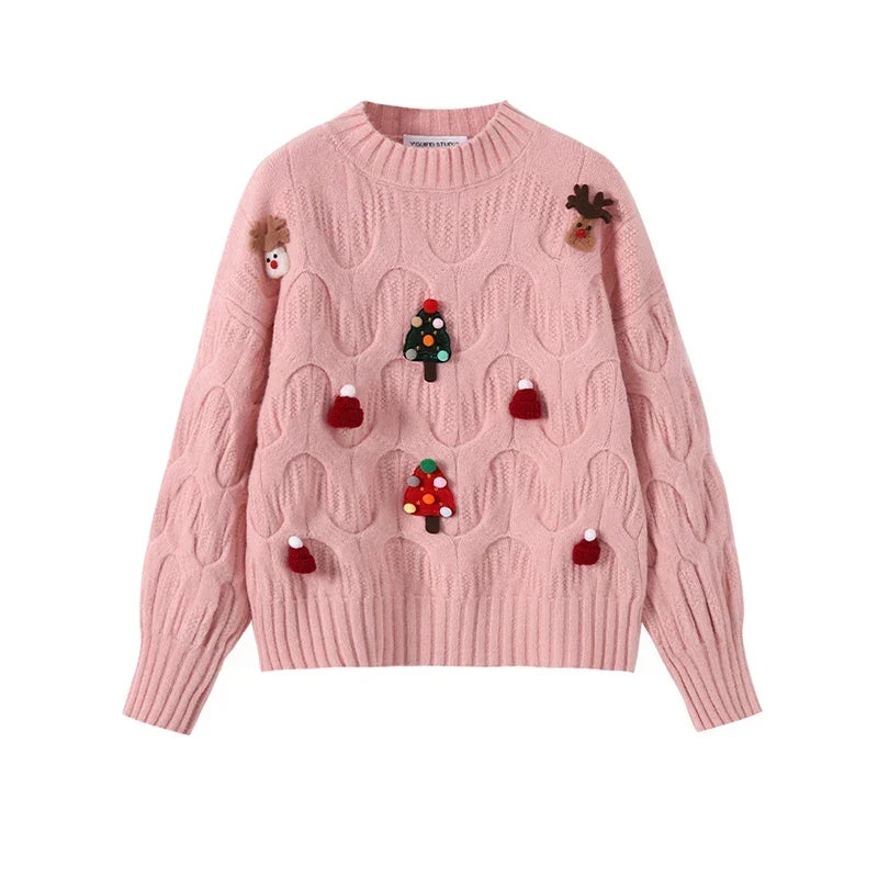 Women’s Festive Cable Knit Sweater – 3D Christmas Appliqué Pullover with Balloon Sleeves