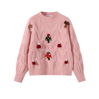 Women’s Festive Cable Knit Sweater – 3D Christmas Appliqué Pullover with Balloon Sleeves