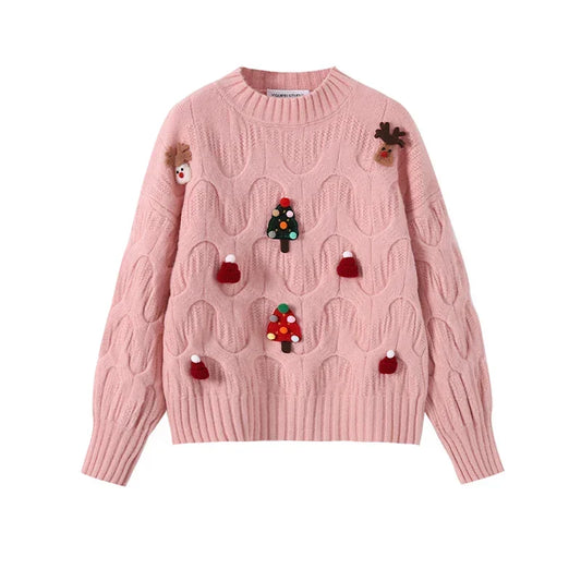 Women’s Festive Cable Knit Sweater – 3D Christmas Appliqué Pullover with Balloon Sleeves