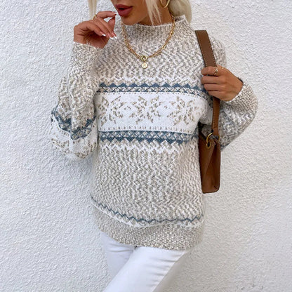 Women’s Nordic Snowflake Knit Sweater – High-Neck Pullover with Fair Isle Pattern