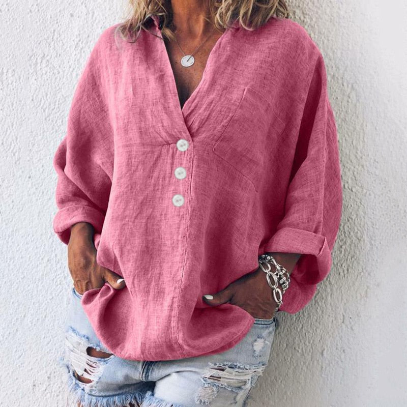 Women’s Relaxed Linen Blouse – Button-Front Batwing Style for Warm Everyday Wear