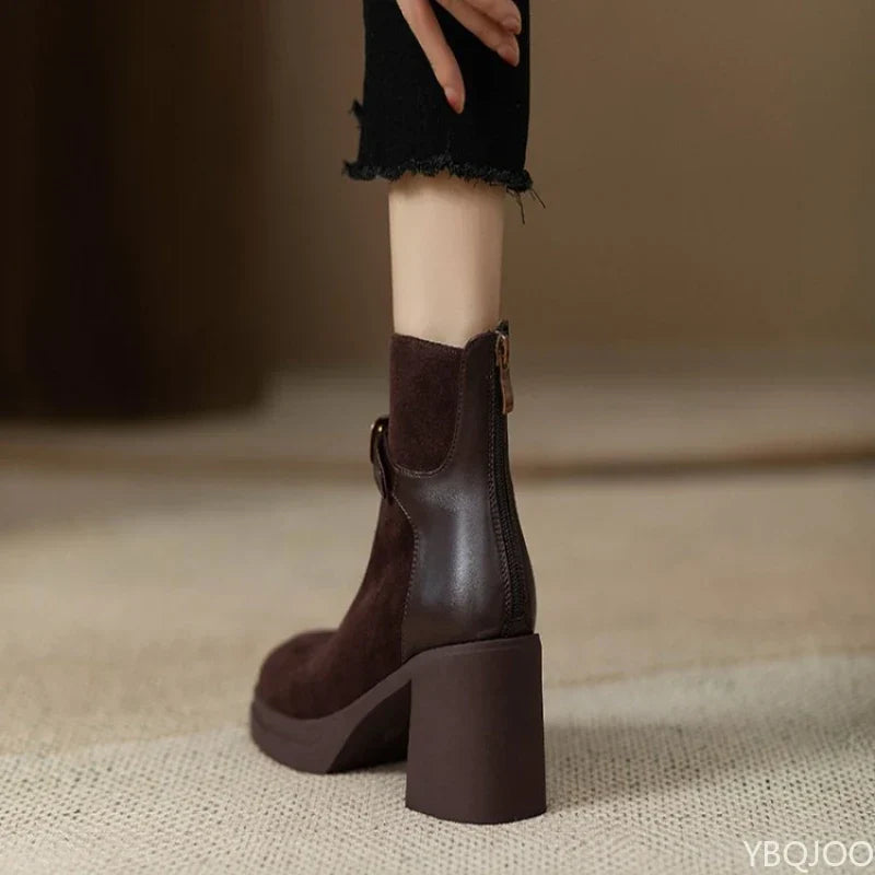 Women’s Buckle Ankle Boots – Thick-Sole Chunky Heel Boots for Autumn and Winter