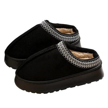 Women’s Plush-Lined Platform Slippers – Closed-Toe Winter House Shoes with Decorative Trim