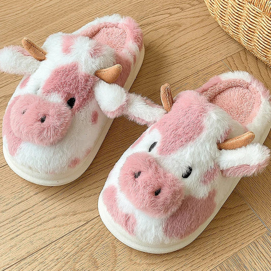 Women’s Plush Cow Slippers – Cosy Closed-Toe House Shoes with Playful Animal Design