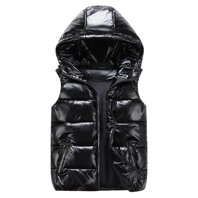 Men’s Glossy Cotton Puffer Gilet – Hooded Sleeveless Winter Layer with Zip Pockets
