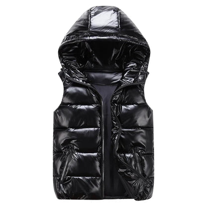 Men’s Glossy Cotton Puffer Gilet – Hooded Sleeveless Winter Layer with Zip Pockets