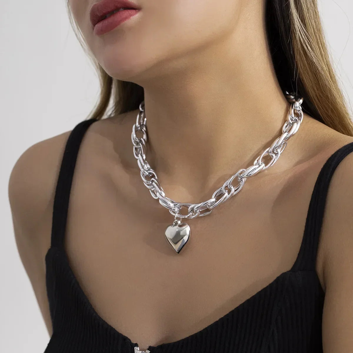 Women’s Chunky Heart Pendant Necklace – Gold-Tone Statement Link Chain with Adjustable Lobster Clasp for Everyday and Occasion Wear