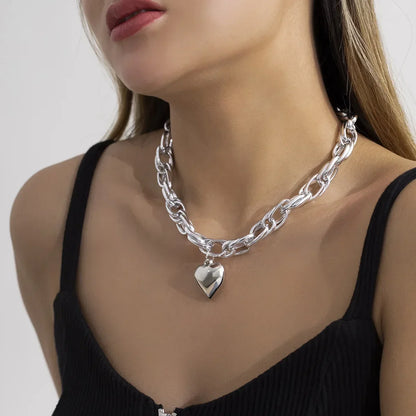 Women’s Chunky Heart Pendant Necklace – Gold-Tone Statement Link Chain with Adjustable Lobster Clasp for Everyday and Occasion Wear