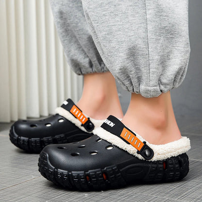 Men’s Fleece-Lined Clog Slippers – Ventilated Winter Garden Shoes with Pivoting Heel Straps