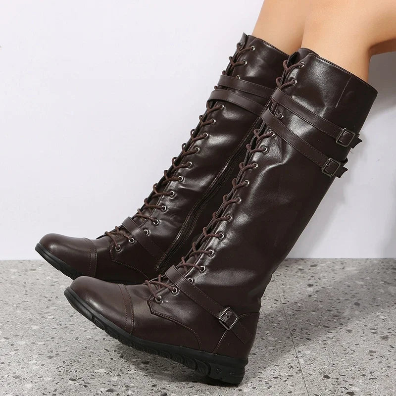 Women’s Leather Knee-High Lace-Up Boots – Buckle-Strap Side-Zip Winter Combat Boots