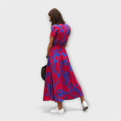 Women’s Printed Belted Maxi Dress – Relaxed V-Neck Summer Style for Travel and Day Plans