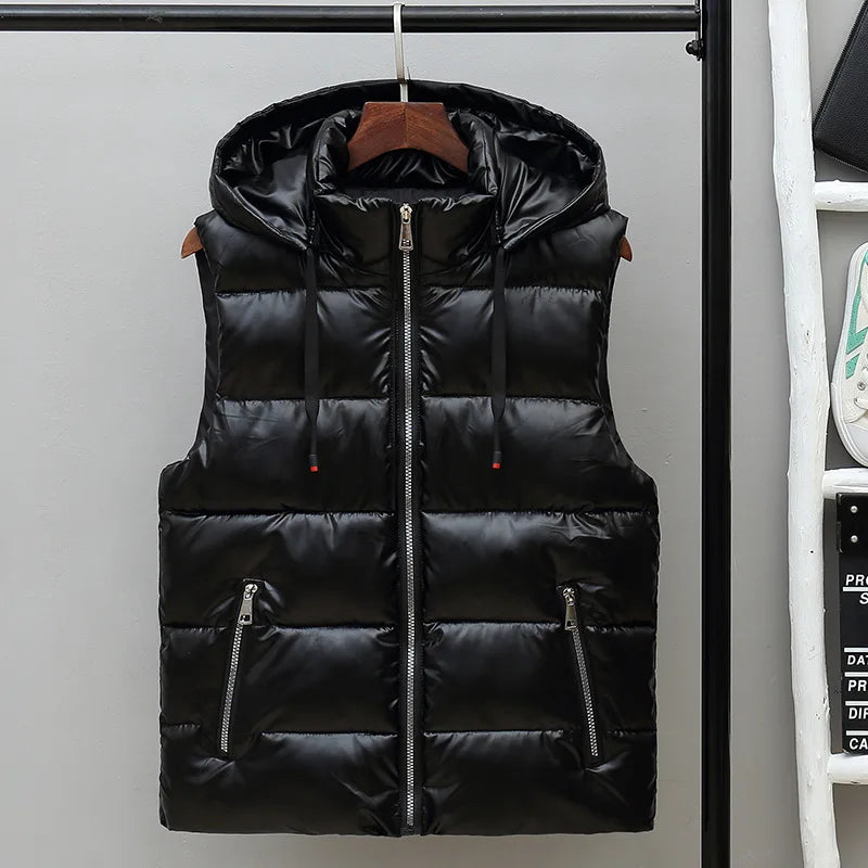 Men’s Hooded Puffer Winter Vest – Glossy Padded Sleeveless Zip-Up Gilet with Pockets