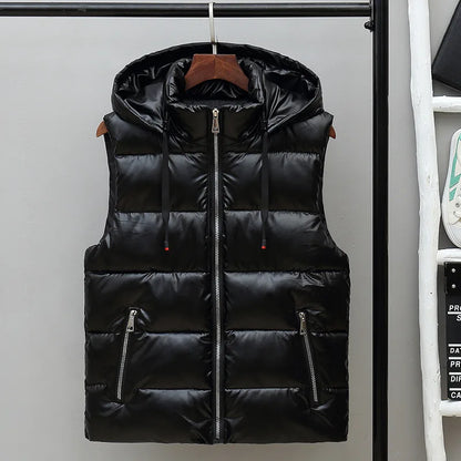 Men’s Hooded Puffer Winter Vest – Glossy Padded Sleeveless Zip-Up Gilet with Pockets