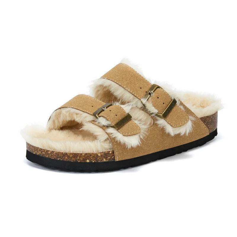 Women’s Plush-Lined Buckle Winter Slippers – Cosy Indoor Outdoor Sandals