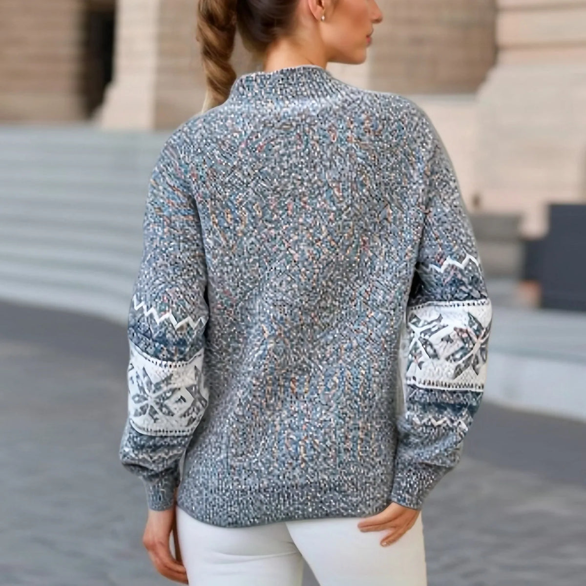 Women’s Nordic Snowflake Knit Sweater – High-Neck Pullover with Fair Isle Pattern